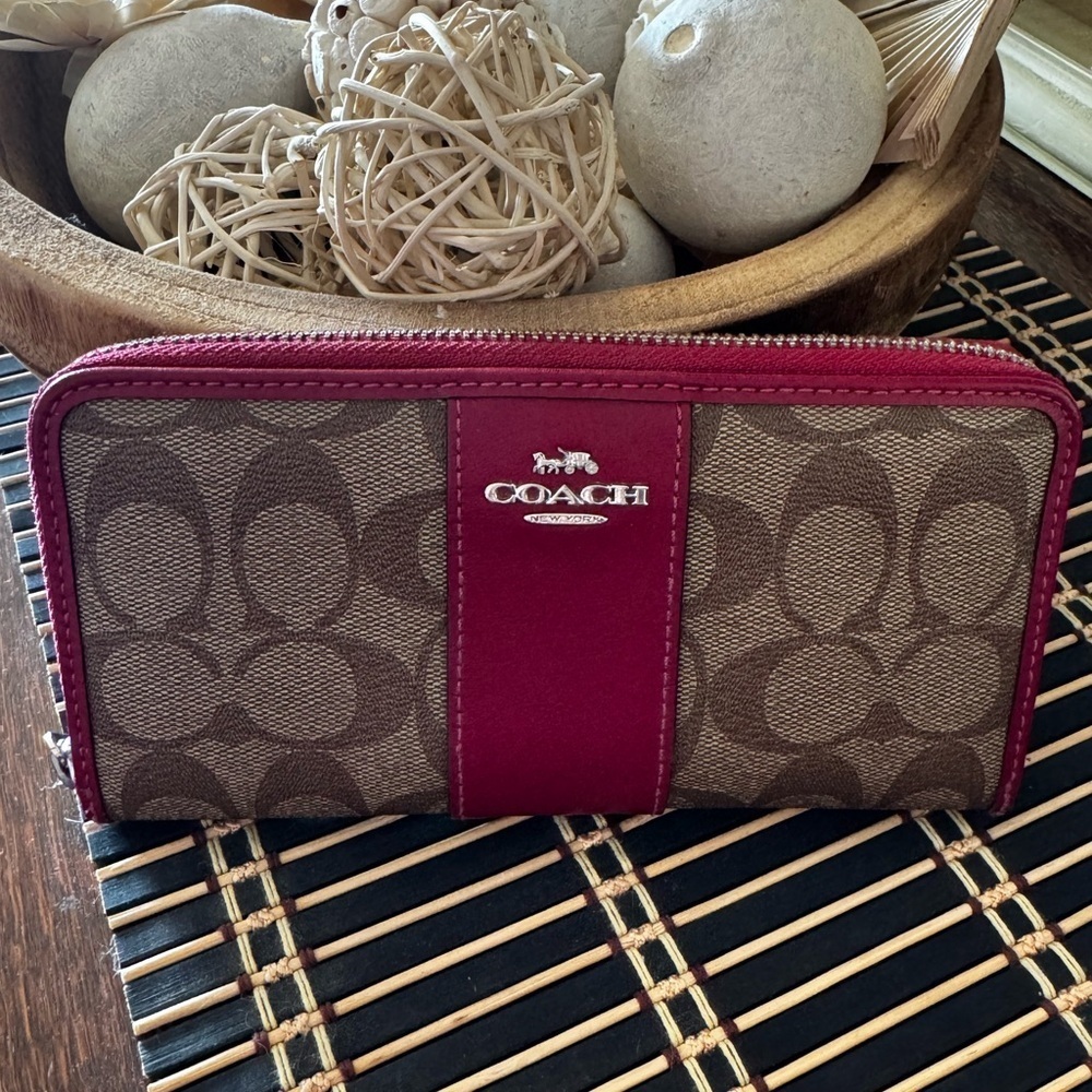 Coach Tan and Raspberry Pink Zip-Around Wallet